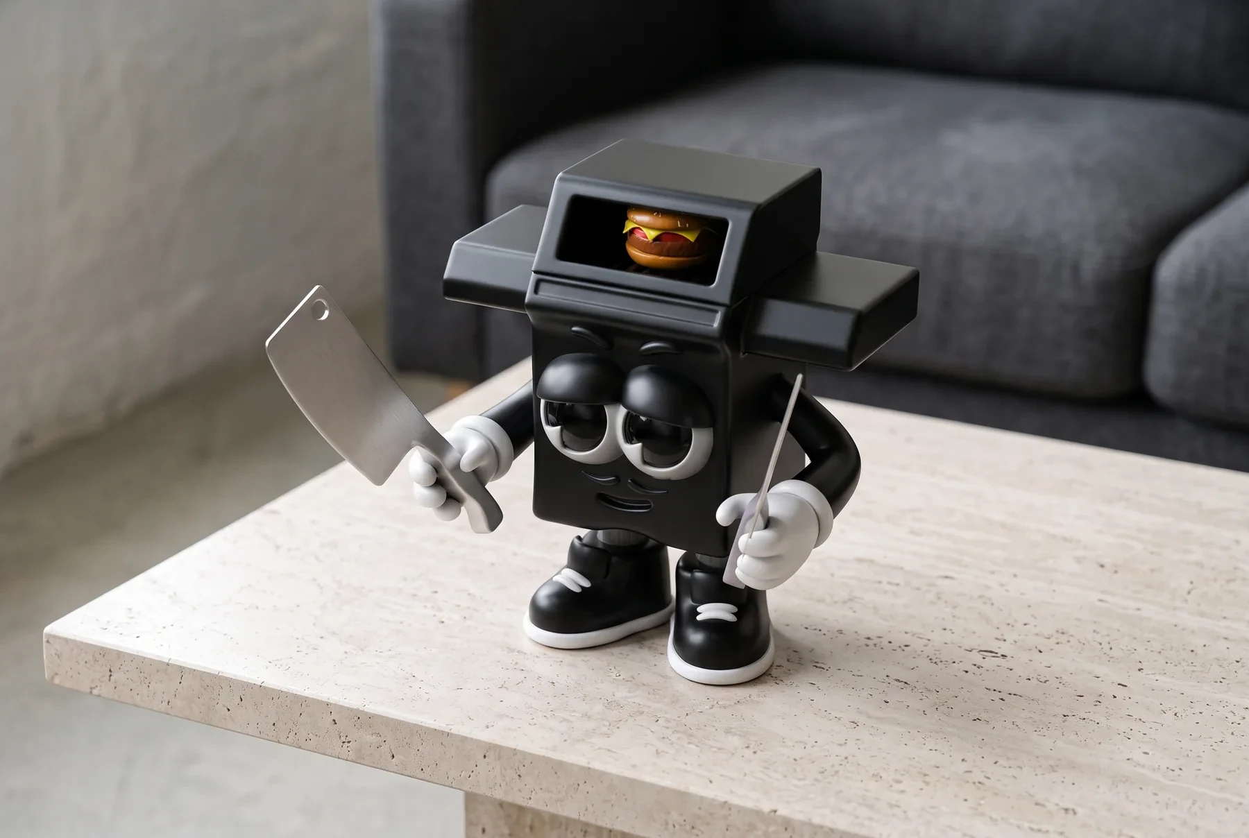 KI-Inszenierung der schwarzen Héctor-Figur auf einem Travertintisch vor einem grauen Sofa