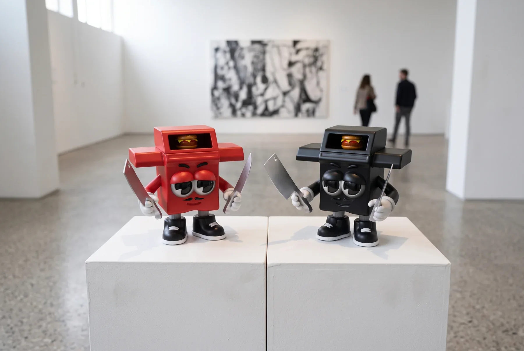 KI-Inszenierung der roten und schwarzen Héctor-Figur auf Sockeln in einer Galerie