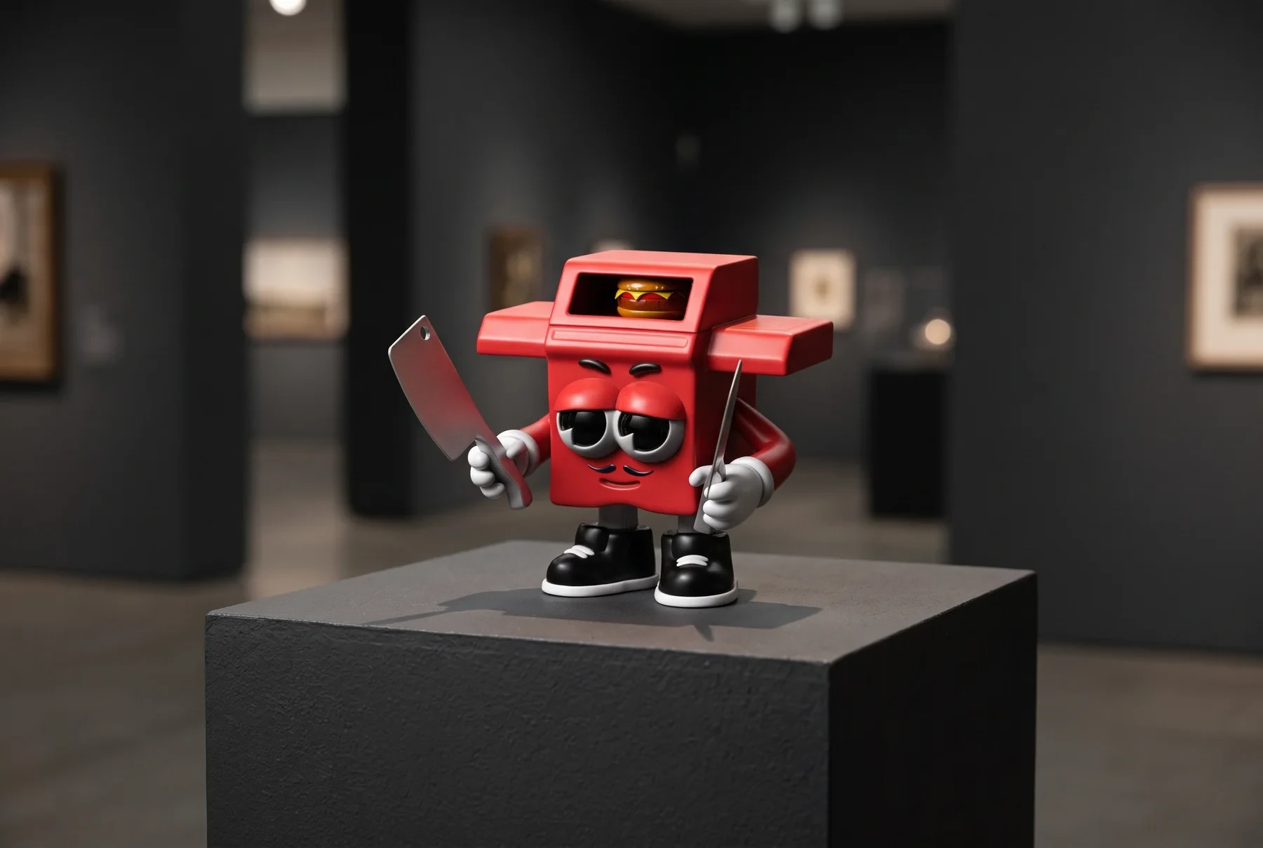 KI-Inszenierung der roten Héctor-Figur auf einem Sockel in einer dunklen Galerie